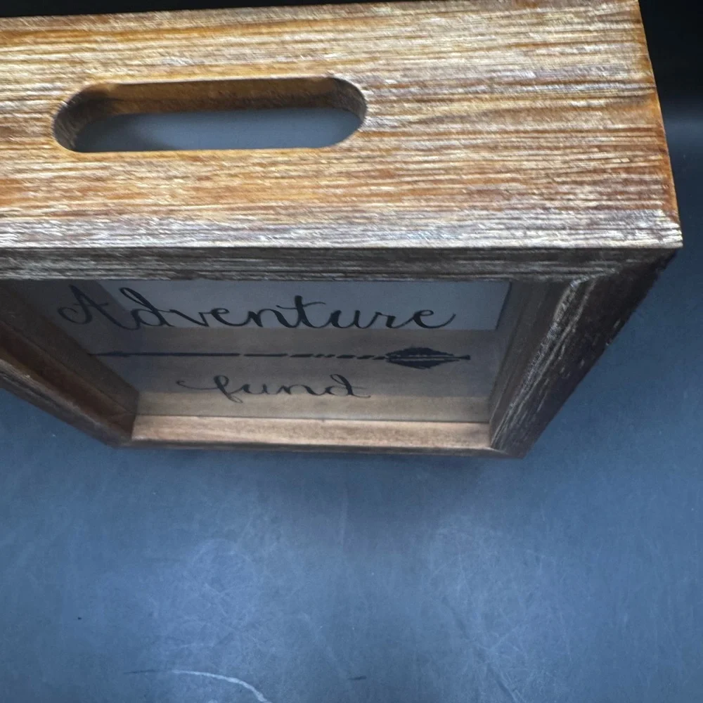 Hobby Lobby Square WOODEN Glass Front Money Savings Bank OUR ADVENTURE FUND